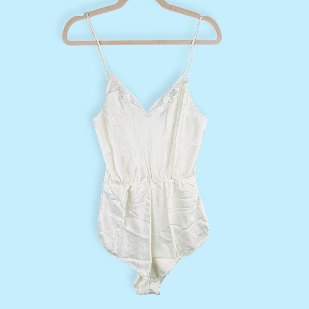 Vintage‎ Deena 70s Satin Bodysuit Teddy Lace Ivory Off White Bridal Lingerie